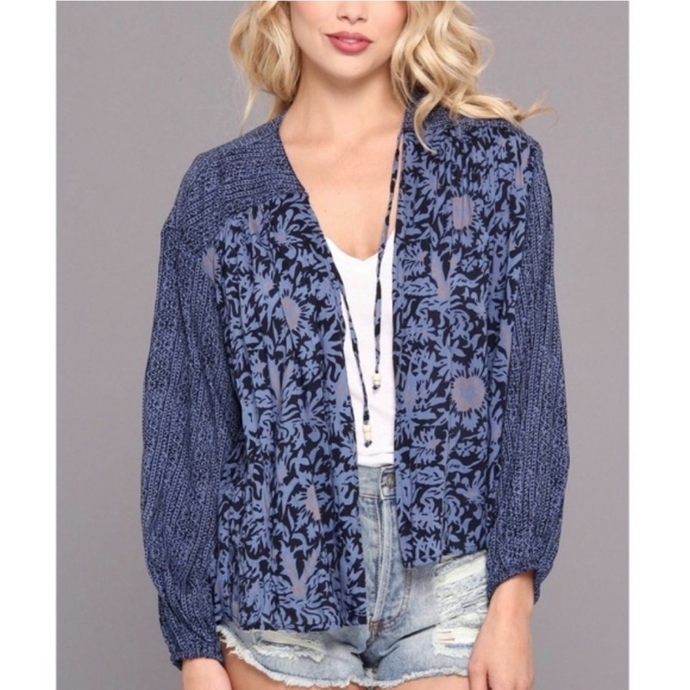 Free People Navy and Light Blue Floral Patchwork Cardigan